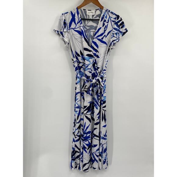 Joseph Ribkoff Midi Dress Tie Waist V Neck Surplice Palms Print Blue White 12 - Picture 3 of 6